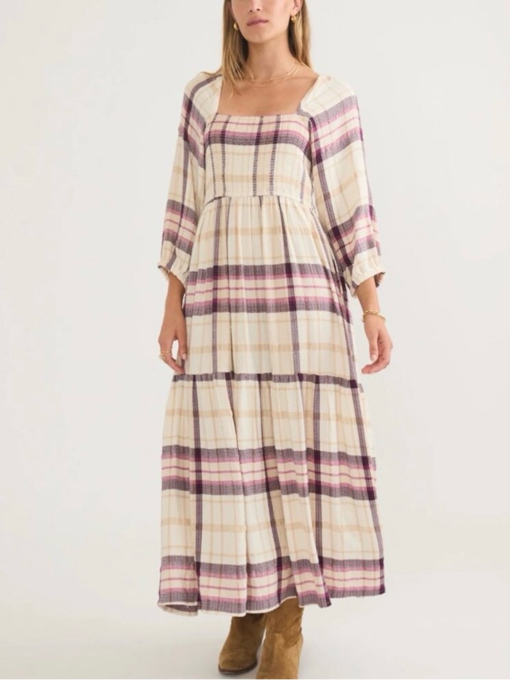 NWT $148 Marine Layer Ivy Smocked Dress Rose Plaid Medium Tiered Midi Pockets